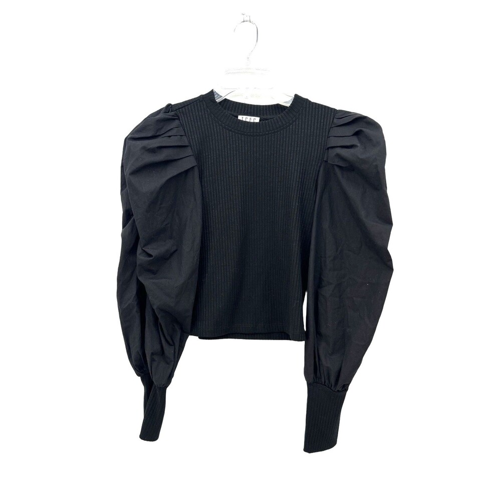 TCEC Black Puff Sleeve Ribbed Blouse